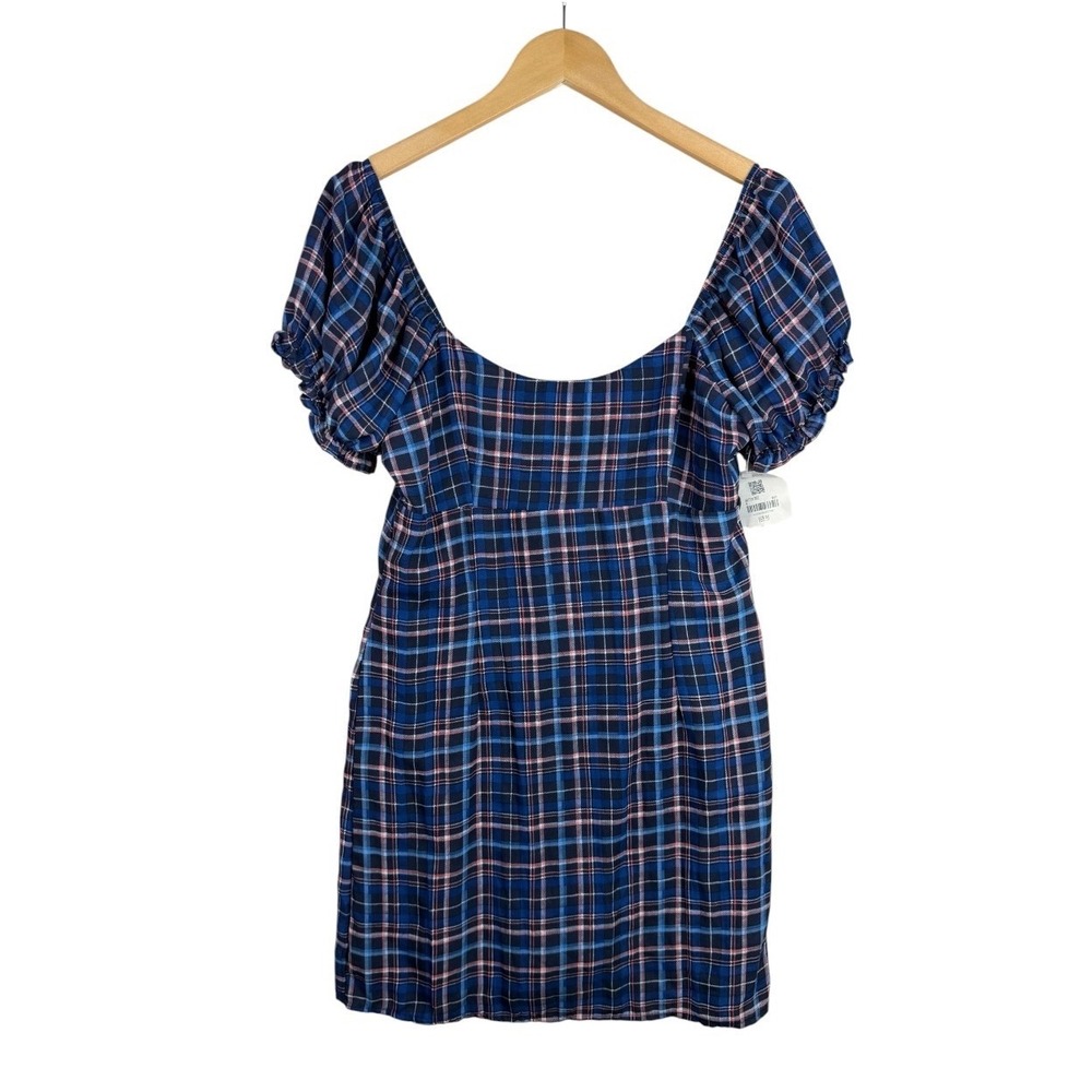 Altar'd State Womens Blue and Orange Plaid Puff Sleeve Mini Dress Size Medium